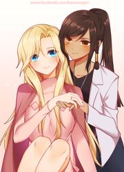2girls atobesakunolove blonde_hair blue_eyes blush brown_eyes brown_hair cape closed_mouth commentary_request dark_skin dress eyebrows_visible_through_hair eyes_visible_through_hair facebook_username facial_mark highres holding_hand jacket jewelry long_hair long_sleeves looking_at_viewer mercy_(overwatch) multiple_girls necklace overwatch pharah_(overwatch) pink_cape pink_dress ponytail ring smile watermark web_address white_jacket yuri rating:Safe score:5 user:gelbooru