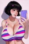 1girl bangs bare_shoulders black_hair blush breasts brown_eyes cellphone cleavage closed_mouth collarbone freckles hair_ornament hairclip highres holding holding_phone huge_breasts looking_at_phone midriff original oversized_breast_cup phone randy_(awesomevillage) shadow short_hair sideboob smartphone smartphone_case solo star star_tattoo tattoo veiny_breasts rating:Questionable score:6 user:gelbooru