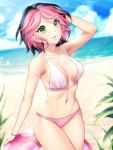 1girl :d armpits bare_arms bare_legs bare_shoulders beach bikini black_hair blue_sky blurry blurry_background bracelet breasts cleavage clouds cloudy_sky collarbone commission cowboy_shot day gigamessy green_eyes jewelry looking_up medium_breasts multicolored_hair open_mouth osu! outdoors pink_hair pippi_(osu!) short_hair sideboob sky smile solo swimsuit swimwear water white_bikini rating:Safe score:2 user:gelbooru