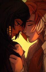 2girls absurdres black_hair blonde_hair closed_eyes dark_skin dark-skinned_female english_commentary eye_of_horus facial_tattoo hair_tubes hand_on_another's_chest highres interracial lips medium_hair mercy_(overwatch) multiple_girls nose noses_touching overwatch pharah_(overwatch) qt0ri shirt_grab sidelighting tattoo thick_eyebrows yuri rating:Safe score:2 user:danbooru