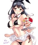  1girl animal_ears bikini black_bikini black_hair blush breasts commentary_request detached_collar eyebrows_visible_through_hair fake_animal_ears food grey_hair ice_cream kantai_collection kurage1 long_hair looking_at_viewer open_mouth rabbit_ears simple_background solo swimsuit tray ushio_(kantai_collection) white_background  rating:safe score: user:gelbooru