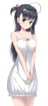 1girl absurdres ahoge bangs bare_arms bare_shoulders black_eyes black_hair blush bow breasts closed_mouth collarbone commentary_request cowboy_shot dress eyebrows_visible_through_hair frills frown hair_ribbon head_tilt highres kimyo looking_at_viewer medium_breasts one_side_up original own_hands_together pajamas red_bow red_ribbon ribbon single_sidelock sleeveless sleeveless_dress solo rating:Safe score:1 user:gelbooru