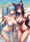 2girls absurdres ahri animal_ears armlet beach bikini black_hair blue_eyes blue_hair bracelet breasts casual_one-piece_swimsuit cleavage crab day flower fox_ears hair_flower hair_ornament halterneck highres jewelry large_breasts league_of_legends long_hair looking_at_viewer low-tied_long_hair multiple_girls multiple_tails nail_polish navel o-ring o-ring_swimsuit one-piece_swimsuit oopartz_yang outdoors paid_reward patreon_reward red_swimsuit sarong smile sona_buvelle swimsuit tail thigh_gap twintails v very_long_hair white_bikini yellow_eyes rating:Safe score:9 user:gelbooru