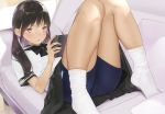 1girl ama_mitsuki bike_shorts black_bow black_hair black_neckwear black_sailor_collar black_skirt blush bow closed_mouth commentary_request couch dated indoors kneehighs knees_together_feet_apart knees_up lips long_hair lying nintendo_switch on_back on_couch original pillow pink_lips playing_games sailor_collar school_uniform serafuku shiny shiny_hair shirt short_sleeves shorts shorts_under_skirt signature skirt solo twintails upskirt violet_eyes white_legwear white_shirt rating:Safe score:4 user:gelbooru