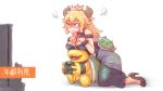  1boy 1girl @_@ armlet bare_shoulders black_dress blonde_hair blue_eyes blush borrowed_design bowser bowser_jr bowsette bracelet breast_rest breasts breasts_on_head brown_hair cleavage collar controller crown crying crying_with_eyes_open cyp_tw dress earrings embarrassed facial_hair family fangs game_controller gamepad genderswap genderswap_(mtf) highres horns jewelry koopa_shell large_breasts long_hair super_mario_bros. new_super_mario_bros._u_deluxe nintendo parody playing_games shoes simple_background smile spiked_armlet spiked_bracelet spiked_collar spiked_shoes spikes steam strapless strapless_dress super_crown super_mario_bros. sweat tears turtle_shell white_background  rating:safe score: user:gelbooru