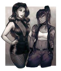 2girls abs artist_name asami_sato avatar_legends belt black_hair bracelet breasts cleavage collar collarbone cowboy_shot cropped_legs dark_skin earrings eyeshadow fishnets greyscale hand_on_hip hands_in_pockets iahfy jewelry korra long_hair makeup medium_breasts midriff miniskirt monochrome multiple_girls muscle muscular_female pants parted_lips ponytail see-through sideboob skirt sleeveless smile spiked_collar spikes tattoo the_legend_of_korra vest rating:Safe score:5 user:gelbooru