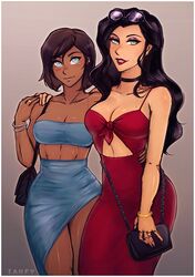 2girls arm_around_shoulder arm_around_waist artist_name asami_sato avatar_legends bag bandeau bangle black-framed_eyewear black_hair blue_eyes blue_skirt bracelet breasts brown_hair choker cleavage couple cowboy_shot dark_skin dress eyeshadow eyewear_on_head gradient gradient_background green_eyes grey_background handbag iahfy interracial jewelry korra light_smile lipstick long_hair looking_at_viewer makeup medium_breasts midriff mole mole_on_breast multiple_girls navel parted_lips red_dress red_lipstick ring short_hair side-by-side skirt sleeveless sleeveless_dress smile spaghetti_strap standing stomach strapless sunglasses the_legend_of_korra toned wedding_band rating:Safe score:6 user:gelbooru