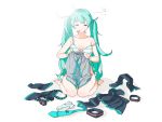 1girl bare_arms bare_legs bare_shoulders barefoot black_footwear blue_hair blue_neckwear boots bra breasts brushing_teeth clothes_removed covering detached_sleeves doushimasho dressing expressionless eyebrows_visible_through_hair fingernails full_body half-closed_eyes hatsune_miku headset horizontal_stripes long_hair necktie no_panties nude nude_cover panties seiza shadow simple_background sitting skirt sleepy solo striped sun toothbrush twintails underwear very_long_hair vocaloid white_background rating:Safe score:2 user:gelbooru