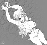 1girl angry bikini breasts chain chained chains cleavage clenched_teeth curvy dated dutch_angle female flower forced front-tie_bikini front-tie_top glaring greyscale hair_flower hair_ornament highres large_breasts long_hair monochrome nami_(one_piece) navel one_piece side-tie_bikini solo sweat swimsuit teeth the_golden_smurf trembling wall rating:Safe score:7 user:gelbooru