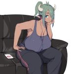 1girl animal_ears blue_eyes breasts casual cellphone chin_rest cleavage commentary_request couch cow_ears cow_horns curvy dark_skin earphones earphones earrings green_hair hand_on_hip horns huge_breasts jewelry leaning_forward listening_to_music no_bra original pants phone sagging_breasts short_hair short_ponytail sitting sketch smartphone solo sweatpants tank_top thick_eyebrows thick_thighs thighs toyosaka_momo white_background yana_(nekoarashi) rating:Safe score:3 user:gelbooru