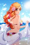 1girl ass bikini bleach blue_sky bow braid braided_ponytail breasts brown_eyes cowboy_shot cute floating_hair floral_print flower from_behind hair_between_eyes hair_bow hair_flower hair_ornament holding inoue_orihime large_breasts leaning_forward long_hair looking_at_viewer looking_back ocean open_mouth orange_hair pink_bow pink_flower print_bikini shiny shiny_hair single_braid sky solo standing swimsuit umi_(pixiv6861961) very_long_hair rating:Safe score:2 user:gelbooru