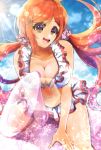1girl :d bangs bikini bleach blue_sky breasts brown_eyes cleavage collarbone floating_hair frilled_bikini frills hair_ornament inoue_orihime large_breasts long_hair open_mouth orange_hair outdoors parted_bangs shiny shiny_hair sky smile solo summer sunlight swimsuit twintails umi_(pixiv6861961) very_long_hair white_bikini rating:Safe score:2 user:gelbooru
