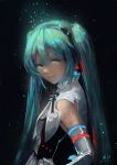 1girl 2018 absurdres aqua_hair black_hairband black_ribbon blue_eyes dated detached_sleeves earrings from_side grey_sleeves hairband hand_on_hip hatsune_miku highres jewelry long_hair looking_at_viewer miku_symphony_(vocaloid) neck_ribbon ribbon signature solo twintails upper_body very_long_hair vocaloid xiaobanbei_milk rating:Safe score:1 user:gelbooru
