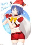  1girl alternate_hair_length alternate_hairstyle arcedo blue_eyes blue_hair blush fingerless_gloves fire_emblem fire_emblem:_kakusei fire_emblem_heroes fur_trim gloves hat highres looking_at_viewer lucina navel nintendo open_mouth santa_costume santa_hat short_hair smile solo  rating:safe score: user:gelbooru