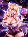  1girl ahri animal_ears ass bare_shoulders blonde_hair breasts earrings eyebrows_visible_through_hair fox_ears fox_girl fox_tail glasses hair_between_eyes heart jewelry k/da_(league_of_legends) k/da_ahri large_breasts league_of_legends long_hair looking_at_viewer mumeaw open_mouth short_sleeves signature simple_background solo standing tail thicc thigh-highs upper_body yellow_eyes  rating:safe score: user:mumeaw