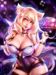  1girl ahri animal_ears ass bare_shoulders blonde_hair breasts earrings eyebrows_visible_through_hair fox_ears fox_girl fox_tail hair_between_eyes heart jewelry k/da_(league_of_legends) k/da_ahri large_breasts league_of_legends long_hair looking_at_viewer mumeaw open_mouth short_sleeves signature simple_background solo standing tail thicc thigh-highs upper_body yellow_eyes  rating:safe score: user:mumeaw