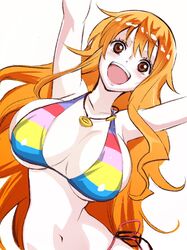 1girl :d arms_up bare_arms bare_shoulders bikini breasts brown_eyes cleavage collarbone hair_between_eyes highres jewelry large_breasts leaning_to_the_side long_hair looking_at_viewer multicolored multicolored_bikini multicolored_clothes multicolored_swimsuit nami_(one_piece) navel one_piece open_mouth orange_hair pendant side-tie_bikini side-tie_bottom sideboob skindentation smile solo stomach sukeno_yoshiaki swimsuit under_boob upper_body upper_teeth very_long_hair rating:Safe score:5 user:gelbooru