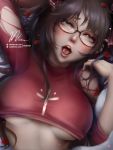  1girl ahegao aqua_eyes arm_up black_hair blush breasts fate/stay_night fate_(series) glasses mumeaw open_mouth signature tohsaka_rin torn_clothes upper_body  rating:safe score: user:mumeaw