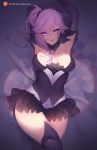  1girl arms_up black_gloves black_legwear black_skirt breasts cleavage dark_elementalist_lux elbow_gloves elementalist_lux frilled_skirt frills gloves large_breasts league_of_legends looking_at_viewer luxanna_crownguard nanoless patreon_username purple_hair short_hair side_ponytail skirt solo thigh-highs violet_eyes  rating:safe score: user:gelbooru