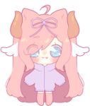  1girl :3 ahoge blue_eyes blush boots cat_ears chibi eyebrows_visible_through_hair eyes_visible_through_hair fang hair_over_one_eye hair_ribbon horns kemonomimi_mode long_hair luupon mascot_(sinamuna) original oversized_clothes pink_hair sleeves_past_wrists smile solo sweater wing_ears wings  rating:safe score: user:softfang