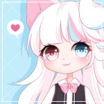  1girl :3 blue_background blue_eyes blue_hair blush boba_(sinamuna) bust cat_ears chibi heart heterochromia kemonomimi_mode long_hair original pink_eyes pink_hair seifuku shiina-yuki simple_background smile solo spoken_heart white_hair  rating:safe score: user:softfang