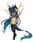  1boy belts blue_hair chains chocolatmochi dark_skin dragon_boy dragon_horns dragon_tail eating flower hand_in_pocket jacket long_hair male monster_boy mouth_hold original pants petals pointy_ears solo tattoo vest yellow_eyes  rating:safe score: user:softfang