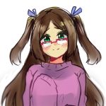  1girl blush brown_hair glasses gomiko-art green_eyes hair_ribbons hand_to_chest long_hair original oversized_clothes purple_sweater shy sinamuna_(character) sleeves_past_wrists smile solo sweater twintails  rating:safe score: user:softfang