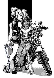 2girls ass bandaged_fingers bandages bandaid bandaid_on_face bangle barbed_wire baseball_bat biker_clothes black_hair borrowed_design bracelet casual chain cigarette commentary dark_skin denim dress ear_piercing earrings english_commentary eye_of_horus facial_tattoo greyscale ground_vehicle hair_tubes high_contrast high_heels highres inktober jeans jewelry lipstick looking_at_viewer looking_back makeup medium_hair mercy_(overwatch) monochrome motor_vehicle motorcycle multiple_girls overwatch pants pharah_(overwatch) piercing planted_weapon short_dress shorts sleeveless sparklenaut tattoo torn_clothes torn_jeans torn_pants weapon yuri rating:Safe score:1 user:danbooru