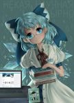  angry blue_eyes blush book_stack bowtie character_name cirno computer frame glasses hair_bow labcoat looking_at_viewer photo_(object) russian solo touhou wings yuurenkyouko  rating:safe score: user:kuklochai