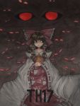  1girl absurdly_long_sleeves ascot bow brown_eyes brown_hair dark_background darkness eyes_in_shadow frilled_bow frills frown hakurei_reimu hands_together highres long_hair long_skirt looking_behind patterned_clothing red_bow red_eyes ribbon-trimmed_sleeves ribbon_trim solo standing touhou traditional_art wide_sleeves yellow_neckwear yuurenkyouko  rating:safe score: user:mochiicecream