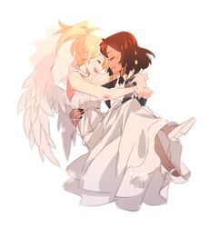 2girls alternate_costume bangs bare_shoulders black_hair blonde_hair blush braid closed_eyes collar collared_shirt dark_skin dress full_body hair_tubes happy high_ponytail highres holding holding_another jewelry laughing long_hair maro_(lij512) medium_hair mercy_(overwatch) multiple_girls nail_polish open_mouth overwatch pharah_(overwatch) ponytail ring shirt side_braids simple_background sleeveless smile wedding wedding_dress wedding_ring white_background white_dress wife_and_wife yuri rating:Safe score:3 user:danbooru