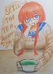  1girl blue_eyes blue_glasses blush cornstarchia drawing glasses green_tea heart-shaped_pupils iacademy_confessions koku-chan(iacademy_confessions) looking_at_viewer orange_eyebrows orange_hair seifuku sweater table teacup tongue_out traditional_art  rating:safe score: user:cornstarchia