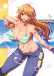 1girl ahoge bare_shoulders bikini blush breasts denim eyebrows_visible_through_hair highres huge_breasts jeans looking_at_viewer nami_(one_piece) one_piece open_mouth orange_hair pants shiny shiny_hair shiny_skin shoulder_tattoo simple_background solo super_nekopunch swimsuit tattoo rating:Safe score:7 user:danbooru