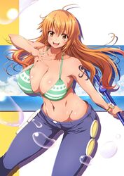 1girl ahoge bare_shoulders bikini blush breasts denim eyebrows_visible_through_hair highres huge_breasts jeans looking_at_viewer nami_(one_piece) one_piece open_mouth orange_hair pants shiny shiny_hair shiny_skin shoulder_tattoo simple_background solo super_nekopunch swimsuit tattoo rating:Safe score:7 user:danbooru