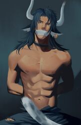 2boys absurdres arknights arms_behind_back bara blue_eyes blue_hair bound collar ear_piercing gagged grey_background highres horns looking_at_viewer male_focus matterhorn_(arknights) multiple_boys muscle nipples pants pectorals piercing r_suka scar silverash_(arknights) sitting tail torn_clothes torn_pants rating:Safe score:1 user:danbooru