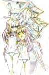 2girls ;d bare_shoulders baselard baselard_(frame_arms) breasts color_trace colored_pencil_(medium) commentary_request covered_navel dual_persona elbow_gloves frame_arms frame_arms_girl gloves headgear height_difference highres kumichou_(ef65-1118-ef81-95) long_hair looking_at_another mecha multiple_girls one_eye_closed open_mouth pantyhose small_breasts smile traditional_media white_background rating:Safe score:0 user:danbooru