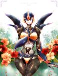 arcee bikini blue_eyes crossed_legs flower foliage hand_on_ground hand_on_own_chin highres looking_at_viewer mecha mecha_musume nor robot robot_ears robot_joints swimsuit transformers transformers_prime rating:Safe score:1 user:danbooru