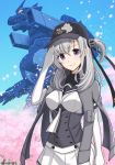 1girl anchor_symbol black_headband black_sailor_collar blue_sky bodysuit breasts cannon cape cherry_blossoms clothes_writing commentary_request day duke_(kimurasun) glowing godzilla_(series) grey_cape grey_jacket hachimaki hair_ornament hat headband highres jacket kantai_collection long_hair looking_at_viewer mecha medium_breasts nib_pen_(medium) one_side_up outdoors propeller_hair_ornament sailor_collar salute silver_hair skirt sky suzutsuki_(kantai_collection) traditional_media tree turret twitter_username type-3_kiryuu white_bodysuit white_headband white_neckwear white_skirt rating:Safe score:0 user:danbooru