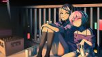  2girls balcony beer_can blush box can cigarette city_lights cityscape closed_eyes commentary dorothy_haze e english_commentary highres jill_stingray multiple_girls night pink_hair purple_hair red_eyes smile smoking socks steve_chopz va-11_hall-a  rating:safe score: user:danbooru