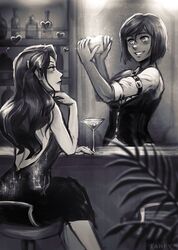 2girls arms_up artist_name asami_sato avatar_legends backless_dress backless_outfit bar bartender blush cup dark_skin dress drinking_glass hair_between_eyes heart iahfy korra looking_at_another monochrome multiple_girls shelf short_hair sitting sleeveless sleeves_rolled_up smile standing stool table the_legend_of_korra watermark wine_glass rating:Safe score:0 user:danbooru