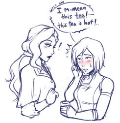 ! 2girls asami_sato avatar_legends bare_shoulders blush breasts cup elbow_gloves embarrassed english_text gloves hair_between_eyes holding holding_cup iahfy korra lipstick long_hair looking_at_another makeup medium_breasts multiple_girls shirt short_hair sleeveless speech_bubble sweatdrop the_legend_of_korra yuri rating:Safe score:0 user:danbooru