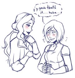 2girls asami_sato avatar_legends bare_shoulders blush breasts cup elbow_gloves embarrassed english_text flying_sweatdrops gloves hair_between_eyes holding holding_cup iahfy korra lipstick long_hair looking_at_another makeup medium_breasts multiple_girls shirt short_hair sleeveless speech_bubble sweatdrop the_legend_of_korra yuri rating:Safe score:0 user:danbooru
