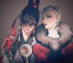 2girls amulet bayonetta bayonetta_(character) beehive_hairdo black-framed_eyewear black_hair blue_eyes candy chain collarbone crescent crossed_arms dated earrings eyeshadow eyewear_on_head food glasses gloves jeanne_(bayonetta) jewelry lipstick lollipop long_hair looking_at_viewer looking_to_the_side makeup mole mole_under_mouth multiple_girls namaqo_k parted_lips partially_unzipped red-framed_eyewear ribbon short_hair signature upper_body very_short_hair white_hair zipper rating:Safe score:1 user:danbooru