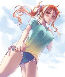 1girl bangs bikini bikini_bottom blue_bikini blue_sweater blush brown_eyes closed_mouth clothes_tug cowboy_shot floating_hair frilled_bikini frills from_below gradient_clothes hair_between_eyes hair_ornament himerinco long_hair looking_at_viewer looking_down nami_(one_piece) off-shoulder_sweater off_shoulder one_piece orange_hair ponytail shiny shiny_hair side-tie_bikini solo standing sweater sweater_tug swimsuit yellow_sweater rating:Safe score:1 user:danbooru