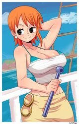 1girl absurdres arm_up bikini bikini_top bikini_under_clothes blue_sky blush brown_eyes clouds cowboy_shot day hand_behind_head highres holding midriff nami_(one_piece) one_piece orange_hair outdoors short_hair signature simmsyfart sky smile solo strapless swimsuit tubetop white_tubetop rating:Safe score:2 user:danbooru