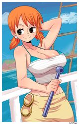 1girl absurdres arm_up bikini bikini_top bikini_under_clothes blue_sky blush brown_eyes clouds cowboy_shot day hand_behind_head highres holding midriff nami_(one_piece) one_piece orange_hair outdoors short_hair signature simmsyfart sky smile solo strapless swimsuit tubetop twintails white_tubetop rating:Safe score:5 user:danbooru
