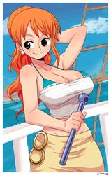 1girl absurdres arm_up bikini bikini_top bikini_under_clothes blue_sky blush brown_eyes clouds cowboy_shot day hand_behind_head highres holding long_hair midriff nami_(one_piece) one_piece orange_hair outdoors ponytail signature simmsyfart sky smile solo strapless swimsuit tubetop white_tubetop rating:Safe score:4 user:danbooru