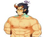 1boy abs absurdres bara beard blush bound bound_wrists chest clayten dark_blue_hair facial_hair fang highres horns male_focus muscle nipples pectorals rope scar solo takemaru_(tokyo_houkago_summoners) teeth thick_eyebrows tokyo_houkago_summoners upper_body rating:Safe score:0 user:danbooru