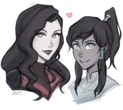2girls artist_name asami_sato avatar_legends blue_eyes brown_hair dark_skin eyebrows_visible_through_hair green_eyes hair_between_eyes heart highres iahfy korra long_hair looking_at_viewer multiple_girls open_mouth ponytail portrait simple_background teeth the_legend_of_korra tongue watermark white_background rating:Safe score:1 user:danbooru