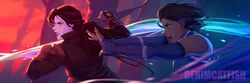 2girls artist_name asami_sato avatar_legends black_hair blue_eyes brown_hair clenched_hands commentary dark_skin elbow_gloves element_bending english_commentary gloves kathryn_layno korra multiple_girls open_mouth outstretched_arms ponytail short_hair sleeveless the_legend_of_korra upper_body water rating:Safe score:1 user:danbooru